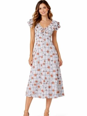 Zara Midi A Line Dress Size M White Orange Blue Floral Ruffled V Neck Tie Front